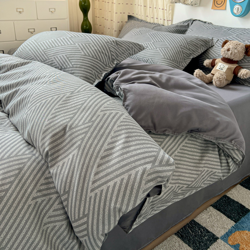 Linen Duvet Cover - 4PC Gri Geometrik Yatak Seti Modern